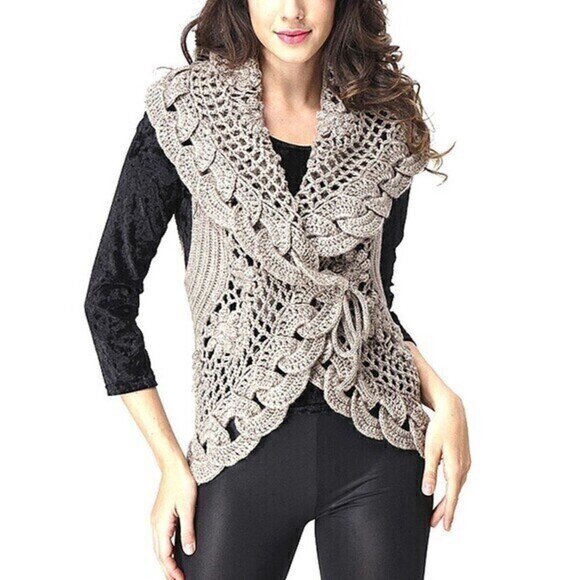 Mechant Wool Blend Cardigan Womens Size M Crochet Wrap Sweater Vest Coastal Core - Picture 1 of 14